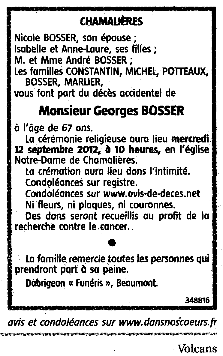 Georges BOSSER : La Montagne avis de dcs